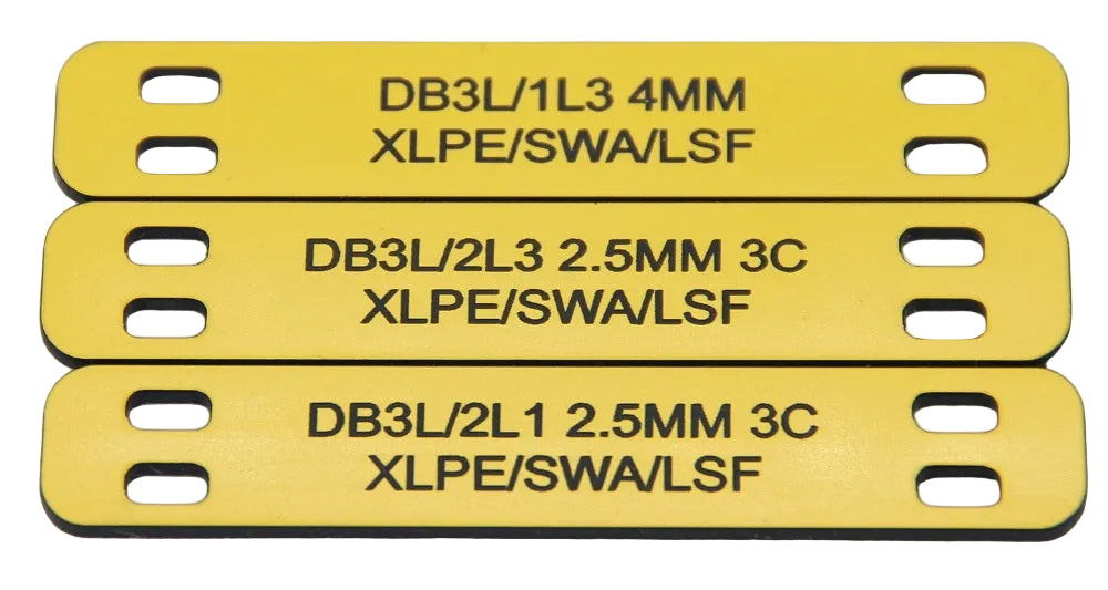 Three yellow labels with technical specifications on a white background