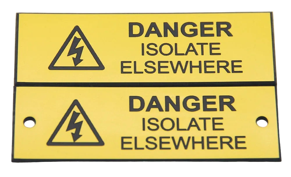 Two yellow warning signs with black text and symbols on a white background