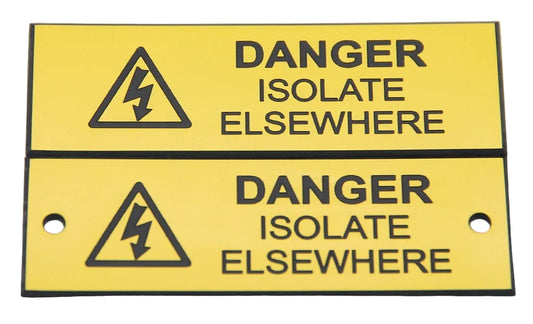 Two yellow warning signs with black text and symbols on a white background