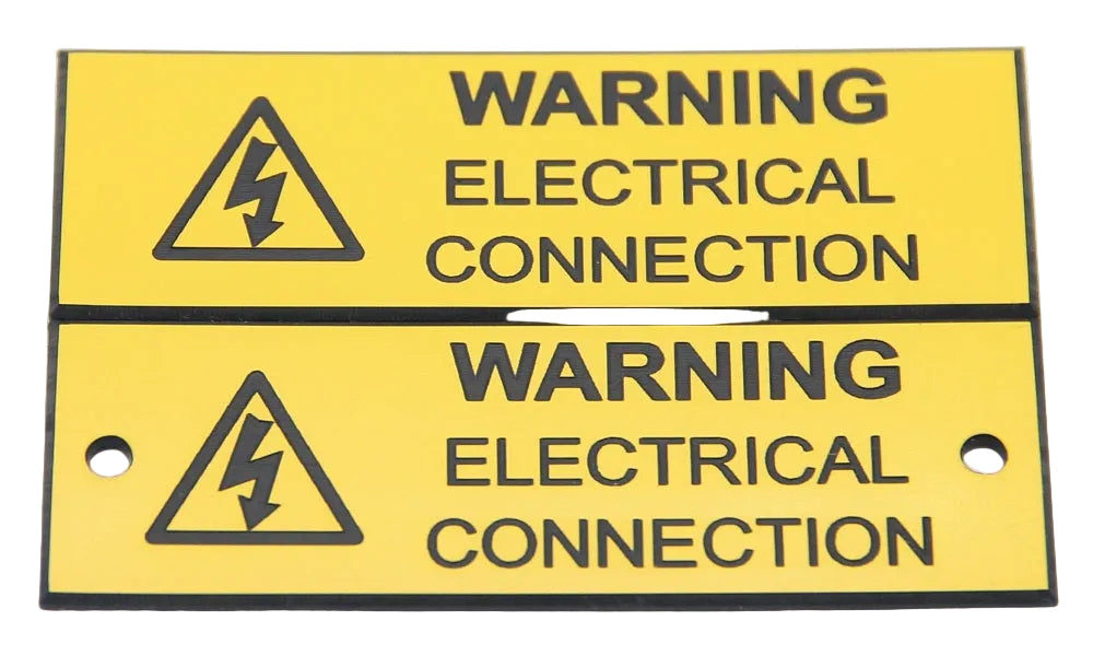 Two yellow warning labels with black text and symbols for electrical connection on a white background.