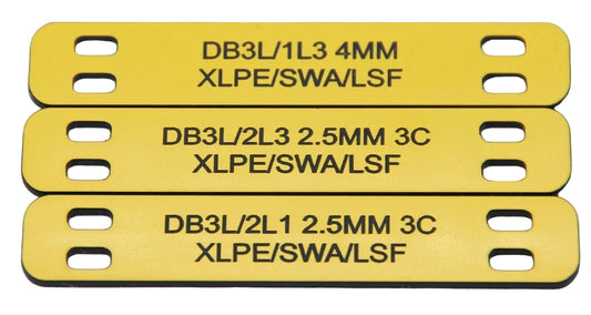 Three yellow labels with technical specifications on a white background